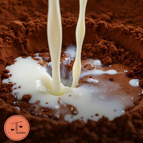 Milk being poured into rich chocolate mousse powder, showcasing the simple, quick-prep nature of Designblends’ premium dessert mixes for foodservice.