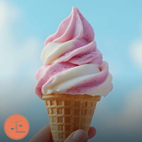 Hand holding a waffle cone with swirled pink and white soft serve ice cream against a blue sky, featuring the Designblends logo.